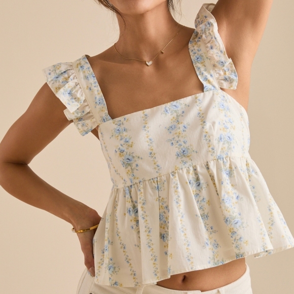 Altar'd State Cream & Blue Floral Print Flutter Sleeve Blouse with Tie Back. #MP - Picture 2 of 8